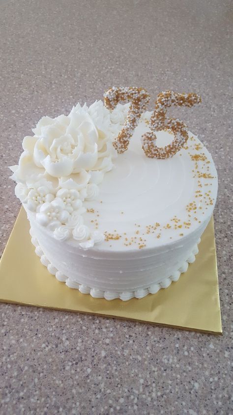 Gold and white on white 75th birthday cake ❤ 75 Th Birthday Cake Ideas, 81 Birthday Cake Ideas, Cake Ideas For 75th Birthday, 100th Birthday Cake Woman, 75th Birthday Cakes For Mom, 75th Birthday Cake For Grandfather, 75th Bday Cake, 75th Birthday Ideas For Mom Cake, 75 Birthday Cake For Women