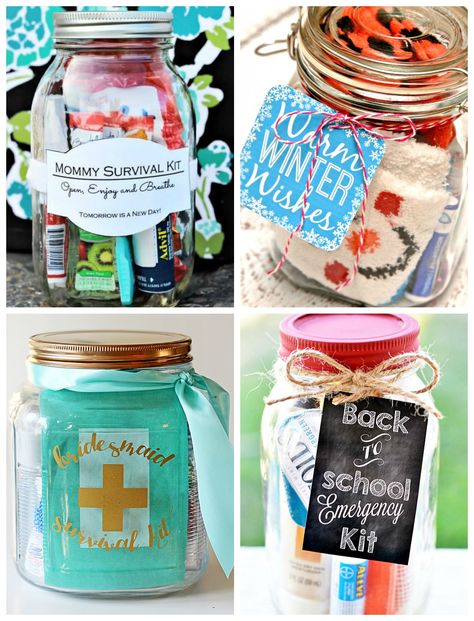 Diy Gifts In A Jar, Mom Survival Kit, Garden Party Favors, School Emergency Kit, Bridesmaid Diy, Mason Jar Gifts, Wedding Gifts For Bridesmaids, Diy Teacher Gifts, 30 Gifts