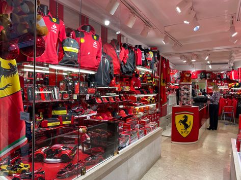 A wall of Ferrari merchandise inside a small store in Venice, Italy. Ferrari Aesthetic Interior, Ferrari Headquarters, Ferrari Museum, 2000s Ferrari Merch, Ferrari Dealership, Travel Goals, Venice, Travel Dreams, Ferrari