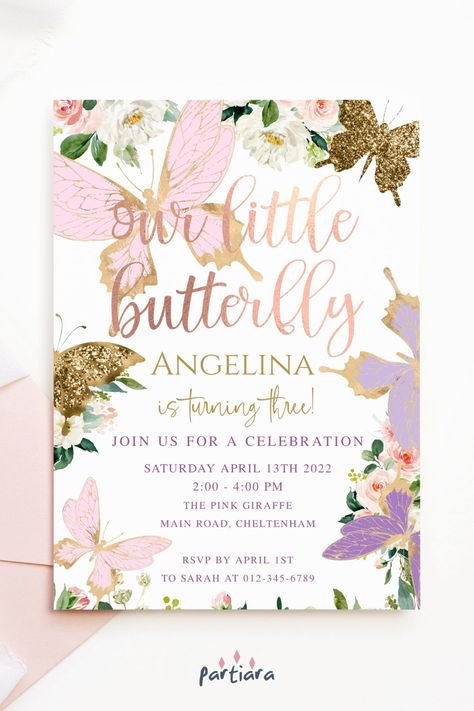 Self-editable 5x7" invite - follow the link for details and free demo! ♦ Easily edit online in your browser then download and print or send digitally ♦ Enchant a birthday with this elegant invite, flutter golden pink floral butterflies over your garden party. Shown for a 3rd birthday, this editable template is suitable for any age ♦ #3rdbirthdayparty #3rdbirthdayinvite #birthdayinvitegirl #girlbirthdayparty #birthdayinvitation #enchantedgarden #invitationtemplate 3rd Birthday Butterfly Theme, Enchanted Garden Party, Butterfly Invitation, Garden Party Invitations, Girls 3rd Birthday, Butterfly Invitations, 3rd Birthday Party, Birthday Party Invites, Third Birthday Party