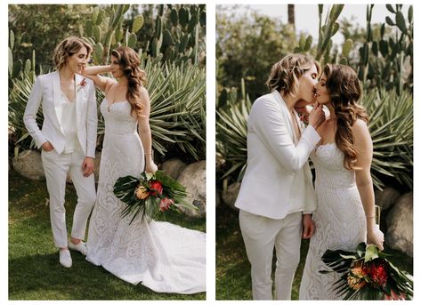 Lesbian Groom Attire, Suits For Lesbian Wedding, Lesbian White Suit Wedding Outfits, Lesbian Pant Suit Wedding, Masc Bride Outfit, Masc Lesbian Wedding Outfit, Lesbian Wedding Outfits Suits Style, Androgynous Wedding Attire, Lesbian Beach Wedding