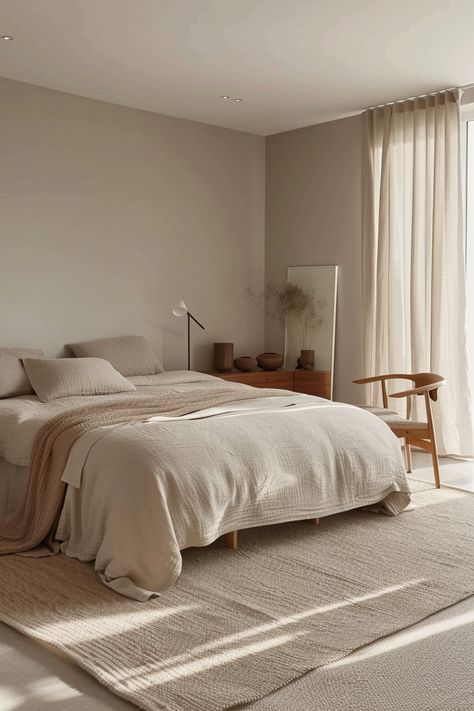 Bedroom Minimalist Aesthetic, Simple Aesthetic Bedroom, Bedroom Inspo Minimalist, Bedroom Minimalist Modern, Relaxing Bedroom Colors, Modern Bed Linen, Bedroom Minimal, Japandi Bedroom, Mid Century Modern Bed