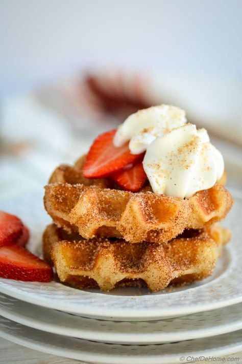 Cinnamon Sugar Churro Waffles Recipe | ChefDeHome.com Churro Waffles, Waffle Iron Recipes, Dessert Light, Mini Waffle Maker, Waffle Maker Recipes, Crispy Waffle, Waffles Recipe, Waffle Recipe, Iron Recipes