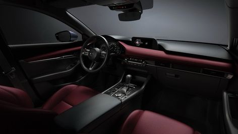 The New Mazda3 Red and Greige Interior Colors Are so 2019 It Hurts - The Drive Mazda 3 Interior, Burgundy Car, Mazda 3 Sedan, Mazda 3 Hatchback, Mazda Cars, Volkswagen Golf Gti, Mazda 2, Peugeot 208, Audi Rs