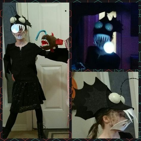 Angler Fish Costume - Made with a black baseball hat, Christmas ornaments, felt, and foam. Angler Fish Costume Diy, Fish Costume Diy, Angler Fish Costume, Halloween Medusa, Sea Creature Costume, Finding Nemo Costume, Creature Costume, Voodoo Costume, Angle Fish