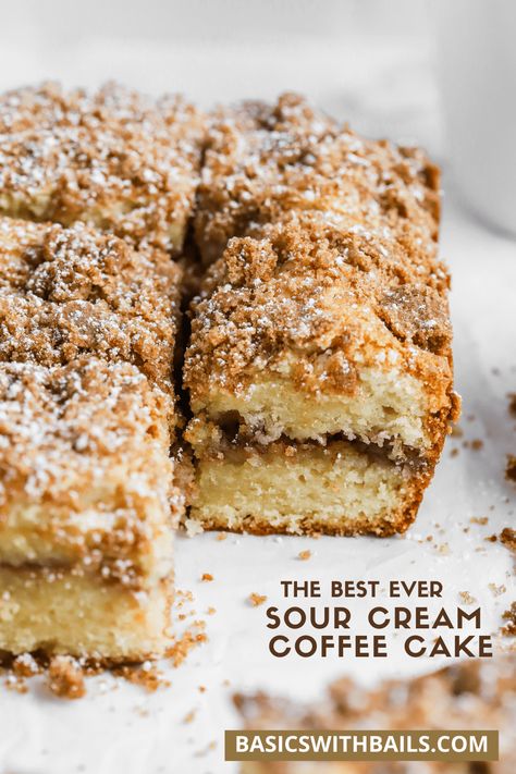 This scrumptious Sour Cream Coffee Cake has a ribbon of cinnamon streusel in the middle and even more of the cinnamon-sugar goodness on top! It's perfect for breakfast and brunch, or even as a simple dessert with a scoop of vanilla ice cream! #sourcream #coffeecake #breakfast #brunch #cinnamon #cake #streusel #easy #best #recipe #dessert #cinnamonstreusel Sour Cream Coffee Cake Recipe, Protein Breakfast Cookies, Best Coffee Cake, Homemade Coffee Cake, Cream Cheese Coffee Cake, Coffee Cake Recipes Easy, Cinnamon Coffee Cake, Sour Cream Coffee Cake, Coffee Cake Recipe