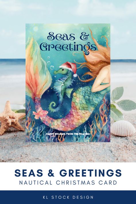 Send your' 'Seas & Greetings' with this under the sea theme Christmas card featuring a watercolor mermaid, seahorse in a  Santa hat, tropical fish and coral. It's the perfect holiday card for those who love the beach and ocean creatures and also available in folded, real foil and instant digital download versions. Nautical Christmas Cards, Sea Watercolor Painting, Under The Sea Watercolor, Sea Watercolor, Coastal Christmas Decor, Nautical Christmas, Coral Art, Stock Design, Coastal Christmas