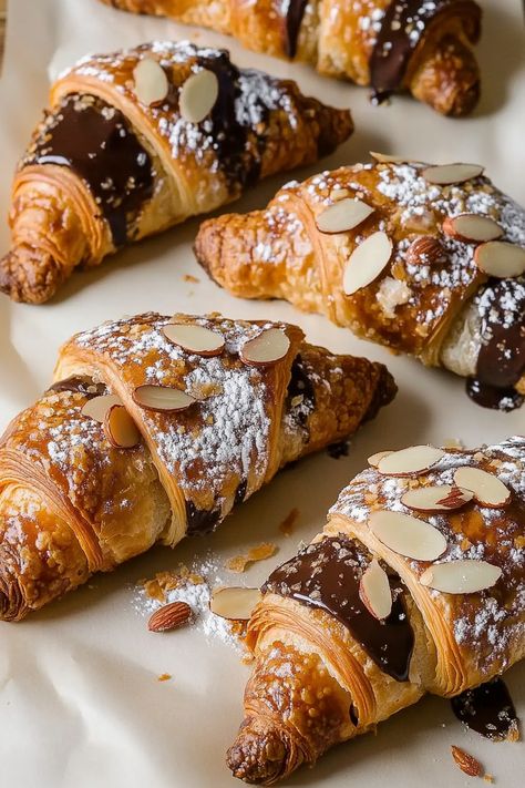 Chocolate Almond Croissants Croissants In Paris, Bakery Favorites, Croissant Sweet, France Pastry, Aesthetic Croissant, Almond Croissants, Croissant Dough, Almond Croissant, Almond Paste