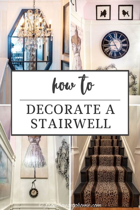 how to decorate a stairwell Home Decor Stairway Wall, Stair Decorating Ideas Wall Stairways, Stair Landing Mirror Ideas, Wall Above Stairs Decor Stairways, Vintage Staircase Ideas, Basement Stair Landing Ideas, Wall Paneling On Stairs, Stairwell Mirror Ideas, Frames Up Staircase