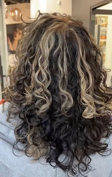 Curly Dark Hair With Blonde Highlights, 2c Hair Color Ideas, Bleach Highlights Curly Hair, Cute Dyed Curly Hair, Curly Black And Blonde Hair, Chunky Highlights For Curly Hair, Dark Hair With Blonde Highlights Curly, Chunk Highlights Curly Hair, Skunk Stripes On Curly Hair