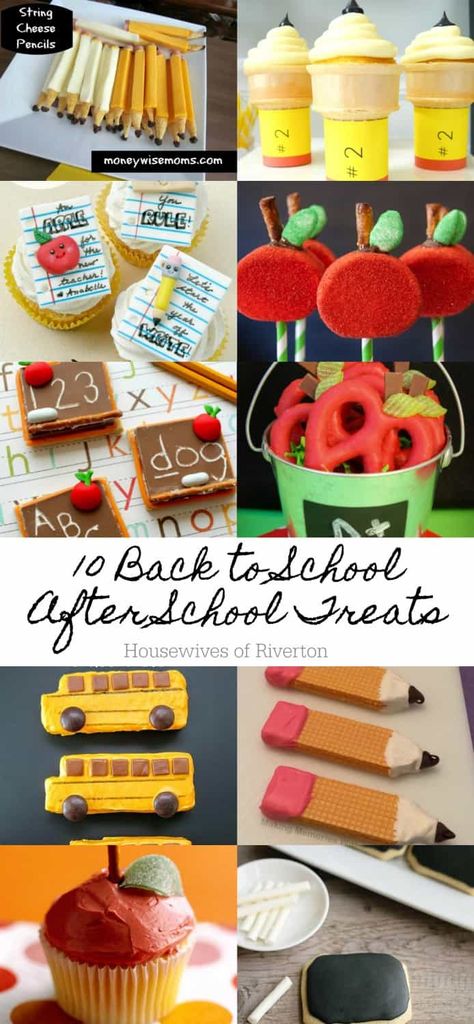 10 Back to School After School Treats | www.housewivesofriverton.com School Themed Snacks For Kids, Back To School Deserts, Back To School Teacher Snacks, Back To School Rice Crispy Treats, Back To School Food Party, Back To School Sweet Treats, Back To School Treats For Kids First Day, Back To School Treat Boxes, Back To School Treat Ideas