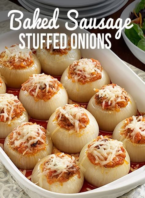 Impress party guests with these Baked Sausage Stuffed Onions, filled with Italian sausage, tomatoes, cheese and bread crumbs. HuntsAtHome AD Stuffed Onions, Baked Sausage, Baked Onions, Ready Set Eat, Sausage Bake, Onion Recipes, Interesting Food, Meatless Monday, Veggie Dishes