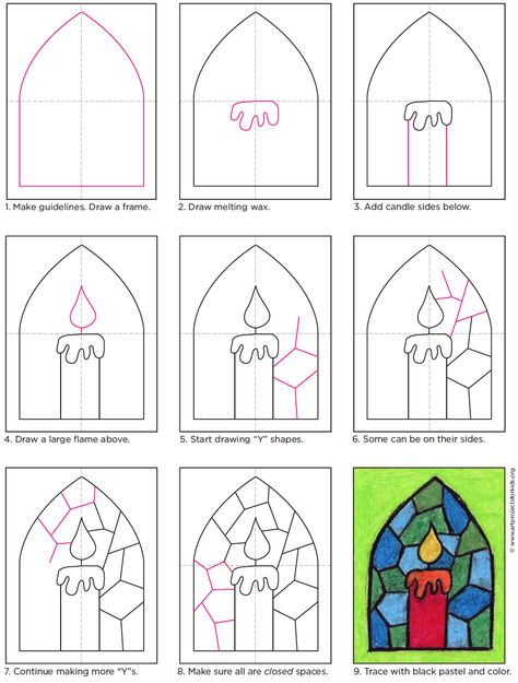 Stained Glass Candle Drawing · Art Projects for Kids Candle Drawing Art, Candle Coloring Page, Draw A Candle, Candle Coloring, Art Homeschool, Advent Art, Candle Tutorial, Candle Drawing, Stained Glass Candles