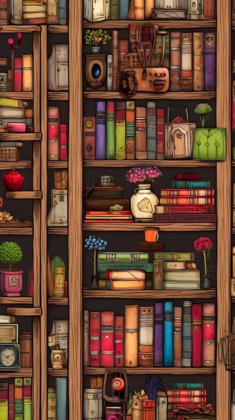 Book Shelves Drawing, Study Aesthetic Drawing, Library Aesthetic Drawing, Bookshelves Art Drawing, Cute Library Drawing, Author Aesthetic Wallpaper, Bookshelf Phone Background, Book Shelf Phone Background, Bookshelves Drawing