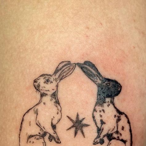 yeva’s tatts on Instagram: "bunnies for Sylvia!  thank you 🐇" Mole Tattoo Animal, Rabbit Stomach Tattoo, Matching Rabbit Tattoos, Black And White Rabbit Tattoo, Tattoos For Childhood Friends, Vintage Bunny Tattoo, 2 Bunny Tattoo, Tattoo For Four, Tiny Rabbit Tattoo