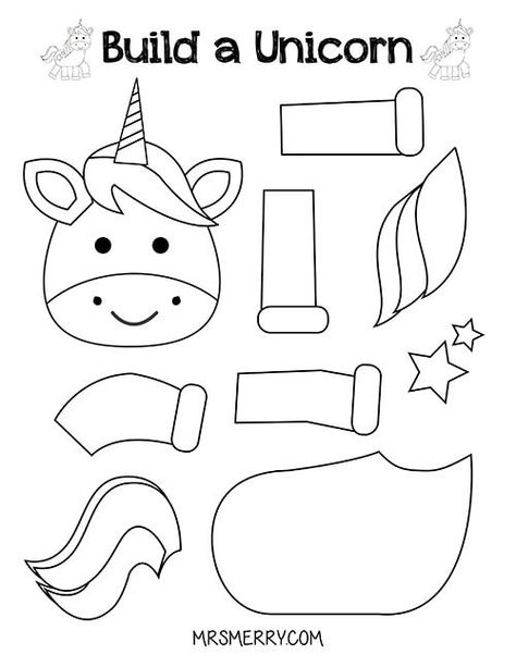 b&w_build-a-unicorn_kids-activities-mrsmerry_opt Build A Unicorn, Unicorn Crafts For Kids, Unicorn Template, Unicorn Craft, Free Printable Crafts, Kids Printables, Unicorn Printables, Unicorn Coloring, Unicorn Crafts