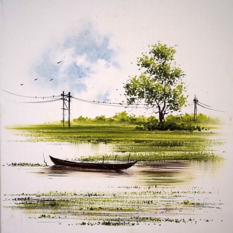 Natural Scenery Watercolor, Pestal Colour Drawings, Dry On Dry Watercolor, Watercolor Drawing Landscape, Tree Oil Pastel, Water Colour Painting Ideas Inspiration, Still Life Painting Watercolor, Watercolor Paintings Landscape, Village Scenery Drawing