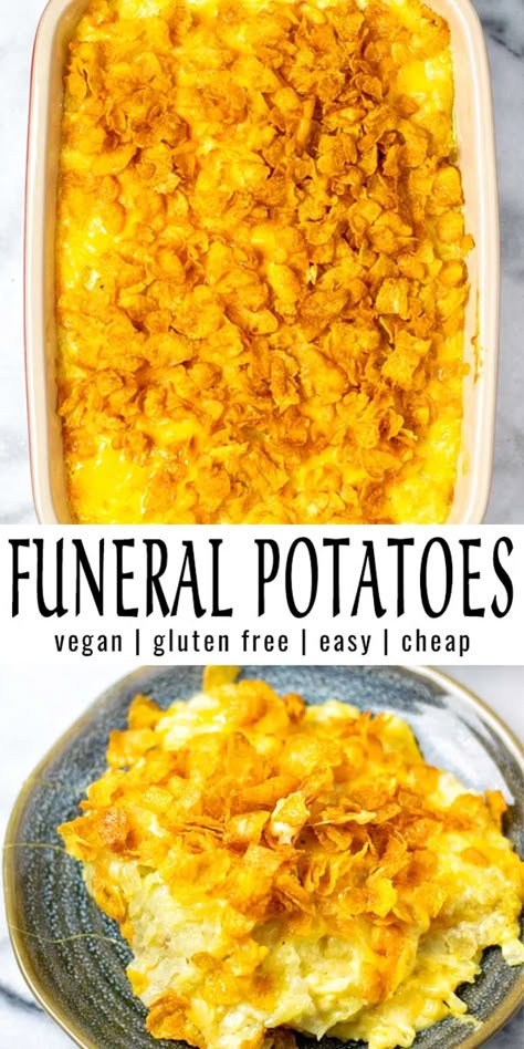 Funeral Potatoes [vegan] - Contentedness Cooking Gluten Free Potato Casserole Recipes, Dairy Free Cheesy Potatoes, Dairy Free Potato Casserole, Vegetarian Casseroles, Vegan Potatoes, Vegan Casseroles, Vegan Potato Recipes, Buttered Vegetables, Vegan Casserole