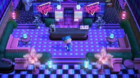 Cybercore Animal Crossing, Acnh Nightclub, Acnh Club, Acnh Cyberpunk, Acnh Vaporwave, Acnh Bar, Twitch Streaming Setup, Acnh Inspiration, Cyberpunk Design