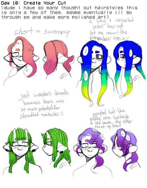 Splatoon Hairstyle Ideas, Octopus Hair Drawing, Tentacle Hair Drawing, How To Draw Inklings, Splatoon Hair Ideas, Splatoon Hairstyles Octo, Splatoon Octoling Hairstyles, How To Draw Dreads, Inkling Hairstyles