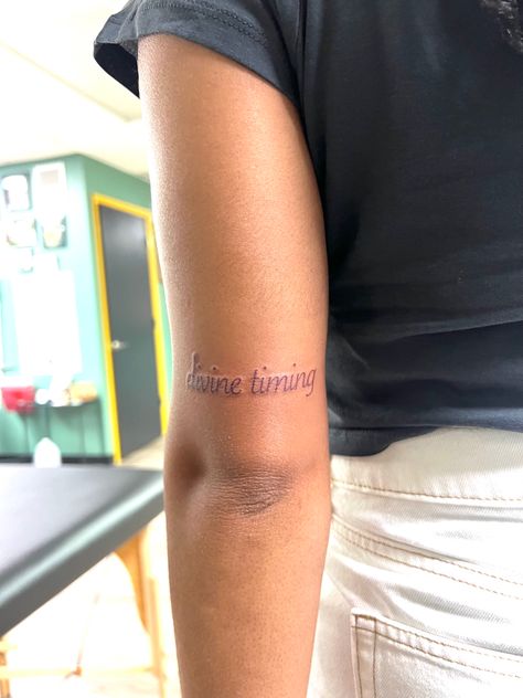 All In Divine Timing Tattoo, Timing Tattoo, Divine Timing Tattoo, Made Tattoo, Patchwork Tattoos, Divine Timing, Tiny Tattoos, Tattoos And Piercings, I Tattoo