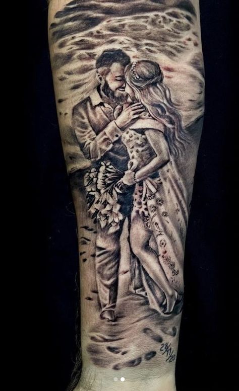 Custom tattoo by Gianne Limited Availability at New testament tattoo studio Wedding Portrait Tattoo, Winning Tattoo, Portrait Tattoos, Last Supper, Custom Tattoo, Wedding Portrait, New Testament, Husband And Wife, Cute Tattoos