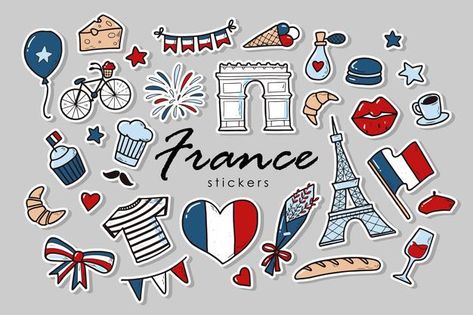 Set of france stickers | Premium Vector #Freepik #vector #travel #flag #doodle #paris France Background, France Stickers, France Scrapbook, Sports Day Poster, French Symbols, French Logo, Disney Big Hero 6, French Icons, French Aesthetic