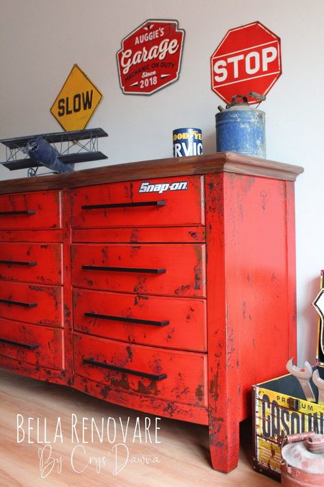 Tool Box Desk Ideas, Vintage Garage Bedroom Ideas, Mechanic Bedroom, Boys Dresser Ideas, Garage Themed Bedroom, Tool Box Toy Storage, Vintage Car Bedroom Ideas For Boys, Tool Box Dresser Diy, Tool Box Nursery