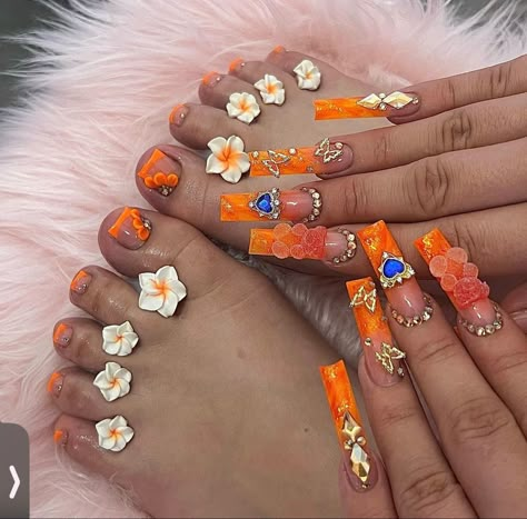 Orange Toe Nails, Bear And Butterfly, Nail Shapes Square, Acrylic Toes, Acrylic Toe Nails, Butterfly Designs, Long Acrylic Nail Designs, Color Nails, Orange Ombre