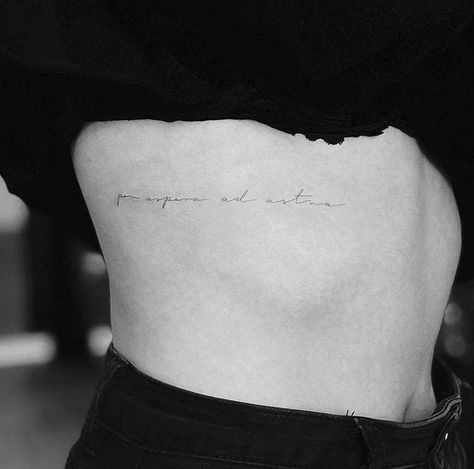 Single needle “Per aspera ad astra” tattoo on the right side ribcage. Tattoo Sentences, Latin Tattoo, Rib Tattoos For Women, Phrase Tattoos, Small Quote Tattoos, Single Needle Tattoo, Underboob Tattoo, Writing Tattoos, Text Tattoo