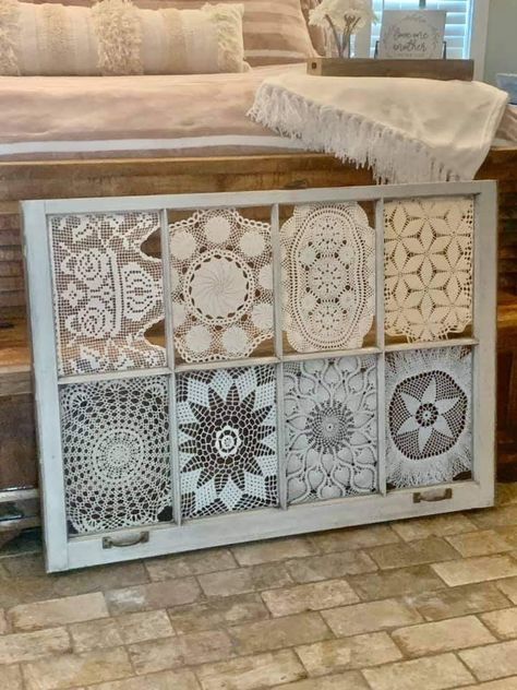 Doily Ideas, Family Heirloom Display, Framed Doilies, Old Window Projects, Doily Art, Chic Living Room Decor, Crochet Wall Art, Window Crafts, Trailer Decor