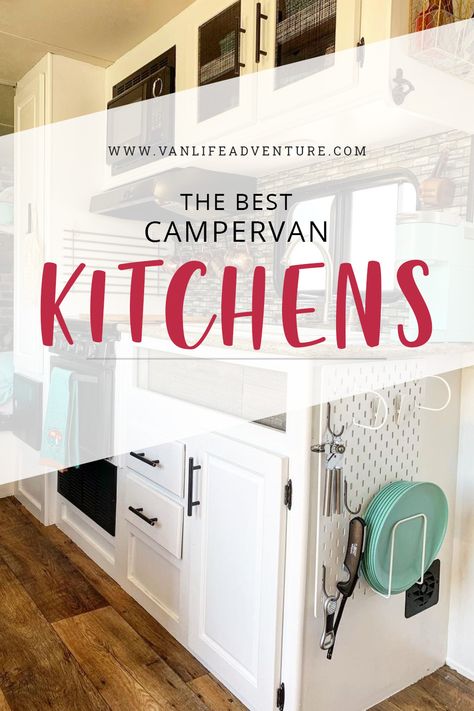 Looking for ideas for your campervan kitchen? Here you will find the ultimate list of the best campervan kitchens to inspire your campervan build. #campervan #vanlife #kitchen Campervan Kitchen Storage Ideas, Campervan Fridge Ideas, Campervan Cabinets, Campervan Kitchen Ideas, Vanlife Kitchen, Campervan Build, Campervan Kitchen, Camper Van Kitchen, Self Build Campervan