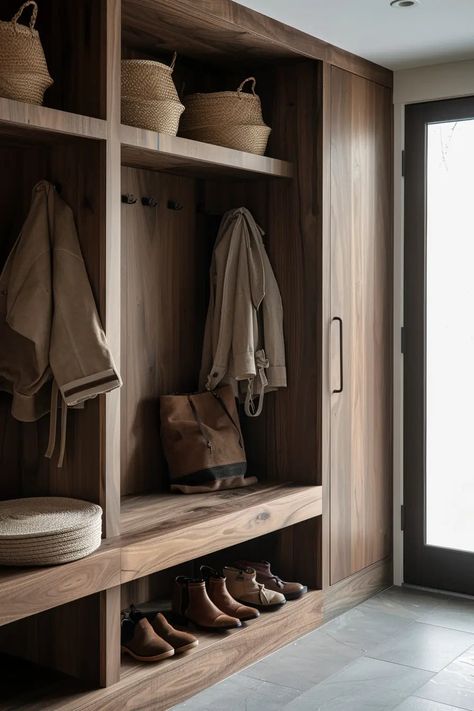 Wood Panel Mudroom, Mountain Modern Mudroom, Walnut Mudroom Cabinets, Modern Lockers Mudroom, Sunken Mudroom, Organic Modern Mudroom, Walnut Mudroom, Mudroom Small Space, Amber Interiors Entryway