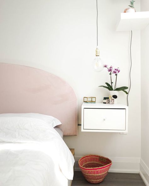 Storage For Small Rooms, Small Room Ikea, Bedroom Storage For Small Rooms, Floating Nightstands, Ikea Kallax Shelf, Pink Headboard, The Sorry Girls, Floating Bedside Table, Murphy Bed Ikea