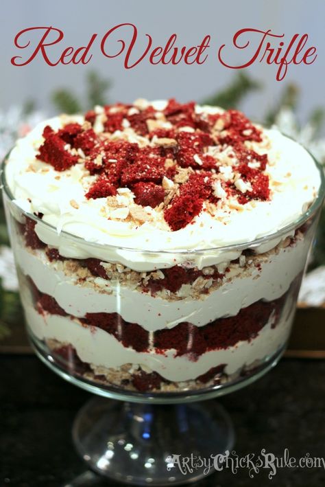 Red Velvet Trifle Recipe Modified!! Check out the "new addition" YUM PERFECT dish for VALENTINES Day!! Red Velvet Trifle, Holiday Desserts Thanksgiving, Trifle Bowl Recipes, Trifle Cake, Trifle Dessert Recipes, Holiday Desserts Christmas, Easy Holiday Desserts, Red Velvet Cake Mix, Red Velvet Cheesecake