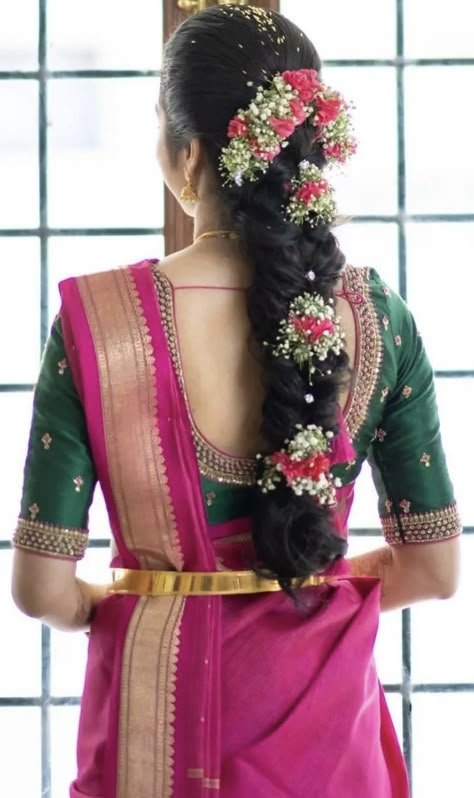 Venilu Hair, Venilu Flower, Engagement Hairstyles For Saree Short Hair, South Indian Wedding Hairstyles For Bride, Messy Braid With Flowers, Nalugu Hairstyles, Flowers For Hairstyles Indian, Messy Braid Indian Wedding Front Look, Hairstyles For Engagement Indian Saree