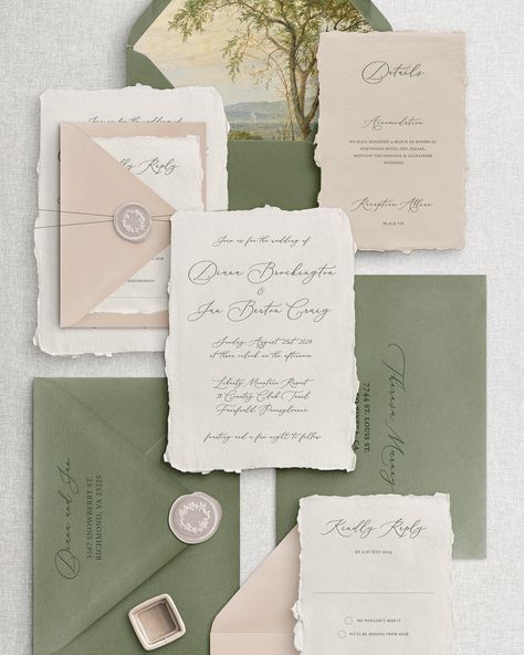 ✨Wedding suite, No.7✨ It is an elegant set made from luxurious handmade cotton paper, giving it a natural, textured feel. The suite features letterpress printing, which creates a beautiful, tactile impression on the paper, enhancing its artisanal quality. The invitation and accompanying cards are adorned with delicate, flowing script, adding to the refined and sophisticated aesthetic. The color palette is a harmonious blend of soft, earthy tones, including muted greens and warm beiges, which... Beige And Green Wedding, Taupe Wedding Invitations, Wedding Invitations Aesthetic, Invitations Aesthetic, Taupe Wedding, Olive Wedding, Beige Wedding, Wedding Details Card, Sophisticated Aesthetic