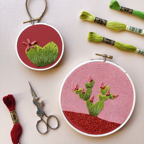 Heart Cactus, Embroidery Workshop, Cactus Embroidery, Beginner Embroidery, Pear Cactus, Prickly Pear Cactus, Contemporary Embroidery, Cactus Design, Embroidered Heart