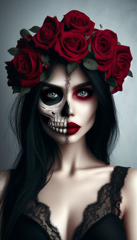 Sugarskulls Makeup Halloween, Sugar Skull Easy Makeup, Half Dia De Los Muertos Makeup Ideas, Goth Skull Makeup, Half Face Catrina Makeup, Catrina Face Makeup, Halloween Circus Makeup, Red And Brown Makeup, Dia De Los Muertos Makeup Ideas