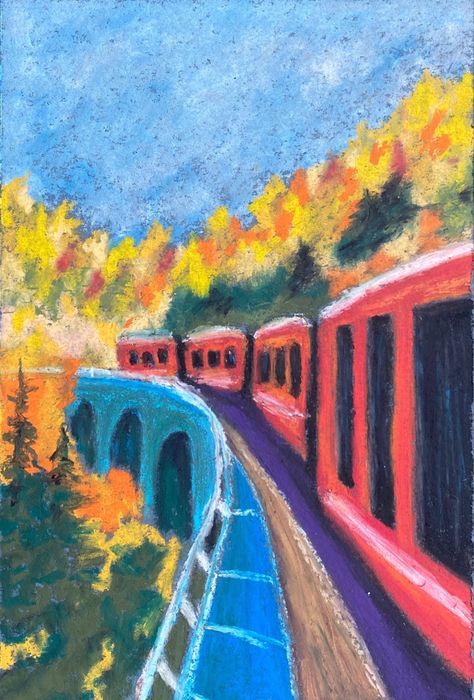 Autumn Train, Oil Pastel Crayons, Oil Pastel Landscape, Chalk Pastel Art, Oil Pastel Drawings Easy, Sky Art Painting, Pastel Crayons, Dorm Art, Watercolor Architecture