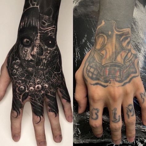 Hand Cover Tattoos For Men, Tattoo Dark, Coverup Tattoo, Dark Horror, Up Tattoo, Cover Up Tattoo, Up Tattoos, Cover Up Tattoos, Tattoo Inspo