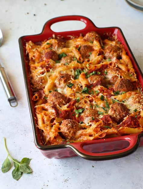 Baked Three Cheese Meatball Mostaccioli - Armanino Holiday Meatballs, Meatball Skewers, Beef And Pork Meatballs, Italian Meatball, Cheese Stuffed Meatballs, Shrimp Rolls, Pork Meatballs, Baked Pasta, Thanksgiving Stuffing