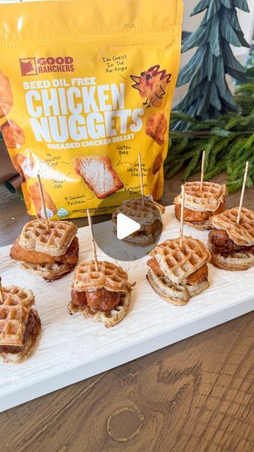 Samantha Bauchmann on Instagram: "SWEET & SPICY MINI CHICKEN AND WAFFLE SANDWICHES // made with @goodranchers Seed Oil Free Chicken Nuggets! Made with 100% natural ingredients, 0 added hormones or antibiotics - they’re the only chicken nugget on the market that can guarantee they’re seed oil free! PLUS they’re so incredibly tasty! See full sandwich recipe below + click the link in my bio & use code SAMANTHA for $25 off your first box! #GoodRancherPartner #appetizers #easyrecipe 

INGREDIENTS:
1 bag Good Ranchers Seed Oil Free Chicken Nuggets
24 mini waffles
1 cup maple syrup
1/3 cup hot Chile sauce

INSTRUCTIONS:
1) Airfry 12 chicken nuggets at 375 for 8 minutes (crispy but not fully cooked). While air frying, add maple syrup and hot Chile sauce on a bowl and mix well. Add chicken nuggets Waffle Chicken, Samantha Bauchmann, Seed Oil Free, Waffle Sandwiches, Mini Waffles, Chile Sauce, Breaded Chicken Breast, Thanksgiving 2024, Waffle Sandwich