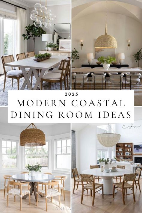 Modern Coastal Dining Room Ideas and Trends for 2025 – jane at home Beach House Kitchen Table And Chairs, Modern Coastal Breakfast Nook, Dining Room Coastal Farmhouse, California Modern Dining Room, Modern Coastal Dining Room Ideas, 2025 Dining Room Trends, Modern Coastal Entryway, Casual Dining Room Ideas, Modern Coastal Master