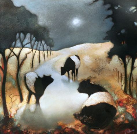 Lesley McLAREN - Belted Galloways, Under the Moon Belted Galloway Cows Art, Nature Artists, Scottish Art, Scottish Artists, Cow Painting, Cow Art, Naive Art, Animal Paintings, Contemporary Artists