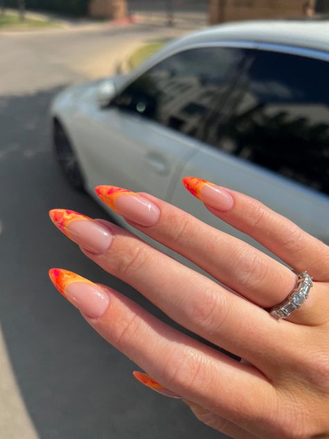 Sunset Almond Nails, Sunset French Tip Nails, Almond Abstract Nails, Abstract Almond Nails, Abstract French Tip Nails, French Almond, Sunset Nails, French Tip Design, Abstract Nails