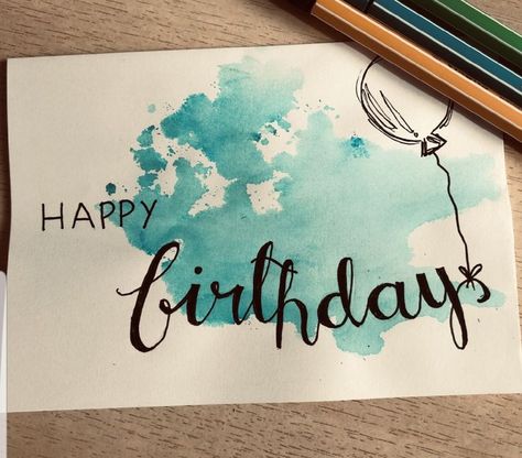 Happy Birthday Aquarell, Happy Birthday Cards Handmade, Happy Birthday Cards Diy, Creative Birthday Cards, Watercolor Birthday Cards, Hand Lettering Cards, Birthday Card Drawing, Birthday Card Craft, Simple Birthday Cards