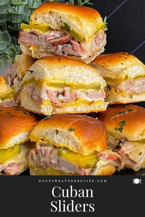 Grilled Pork Tenderloin Cuban Sliders: Citrus-marinated pork, ham, Swiss cheese, mustard, and pickles on slider rolls—perfect for a quick, flavorful meal! Hot Dog Cakes, Tenderloin Sandwich, Cuban Sliders, Chip Dip Recipes, Pork Tenderloin Sandwich, Slider Rolls, Grilled Pork Tenderloin, Pork Sliders, Pork Ham