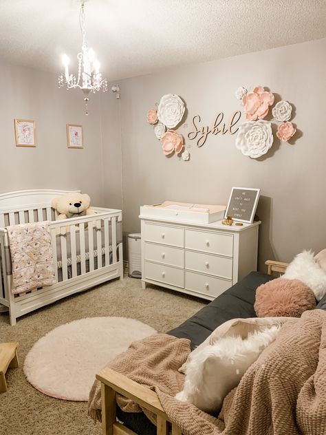 Gray And Blush Nursery, Light Pink Baby Nursery, Baby Girl Accent Wall Nursery, Blush Baby Nursery, Newborn Room Girl, Non Pink Girl Nursery, Blush Pink Nursery Ideas, Cute Nursery Ideas Girl, Small Girl Nursery