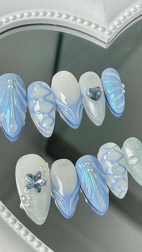 Acrylic Nail Design Inspiration, Blue Nails Aesthetic Design, Press On Nail Photography Ideas, Blue 3d Nail Art, 3d Water Nails, Press On Nail Designs Nailart, Ice Blue Nail Designs, Press On Ideas, 3d Gel Nail Art Design